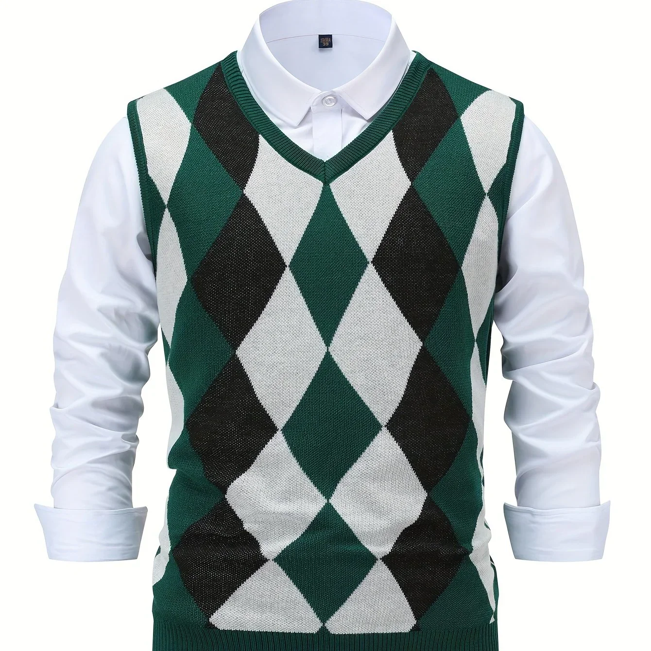 Heren pullover | Gebreide v-hals trui zonder mouwen met ruitpatroon - Image 14
