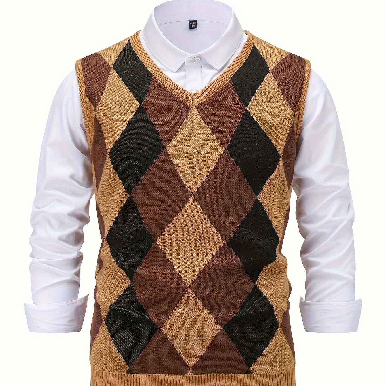 Heren pullover | Gebreide v-hals trui zonder mouwen met ruitpatroon - Image 15