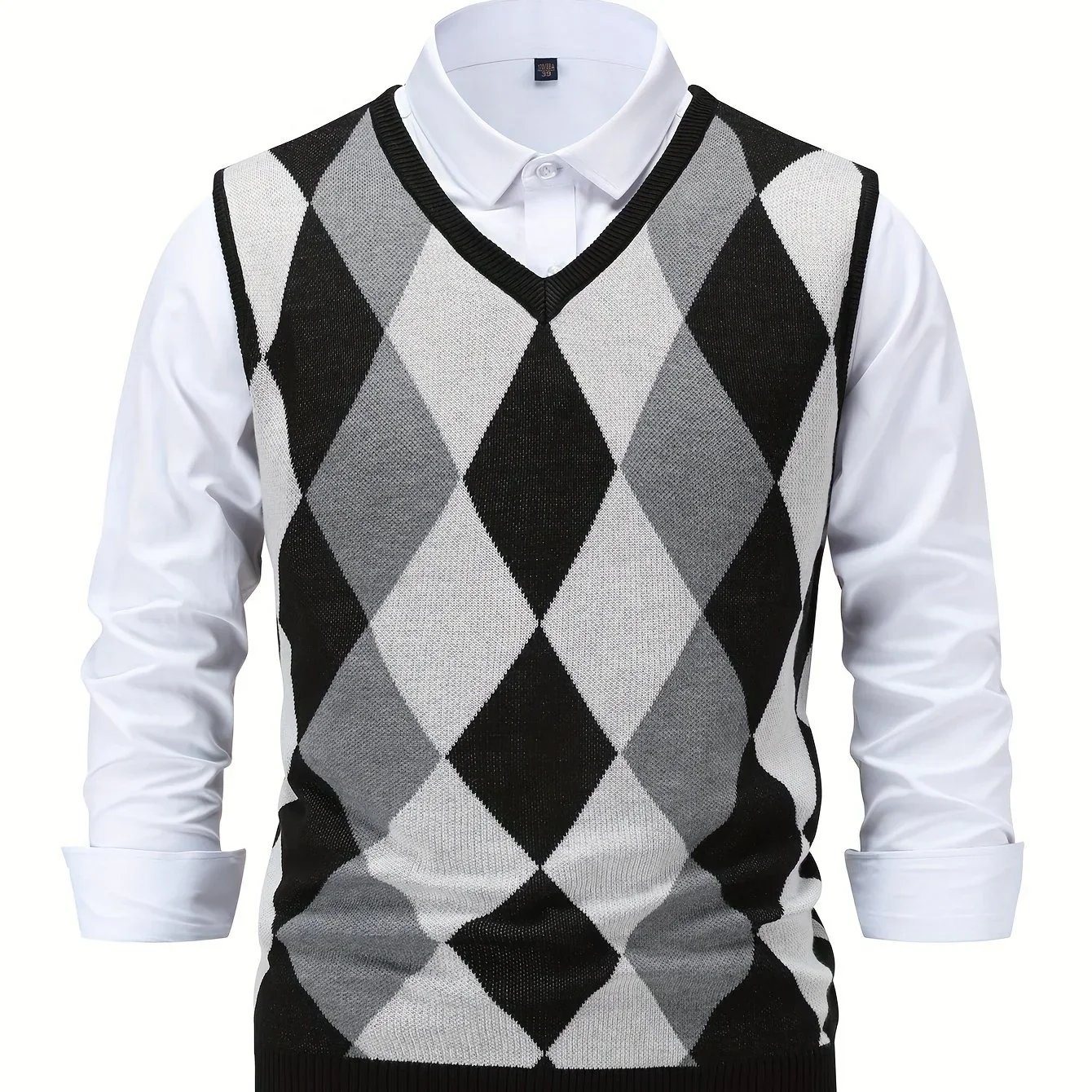 Heren pullover | Gebreide v-hals trui zonder mouwen met ruitpatroon - Image 16