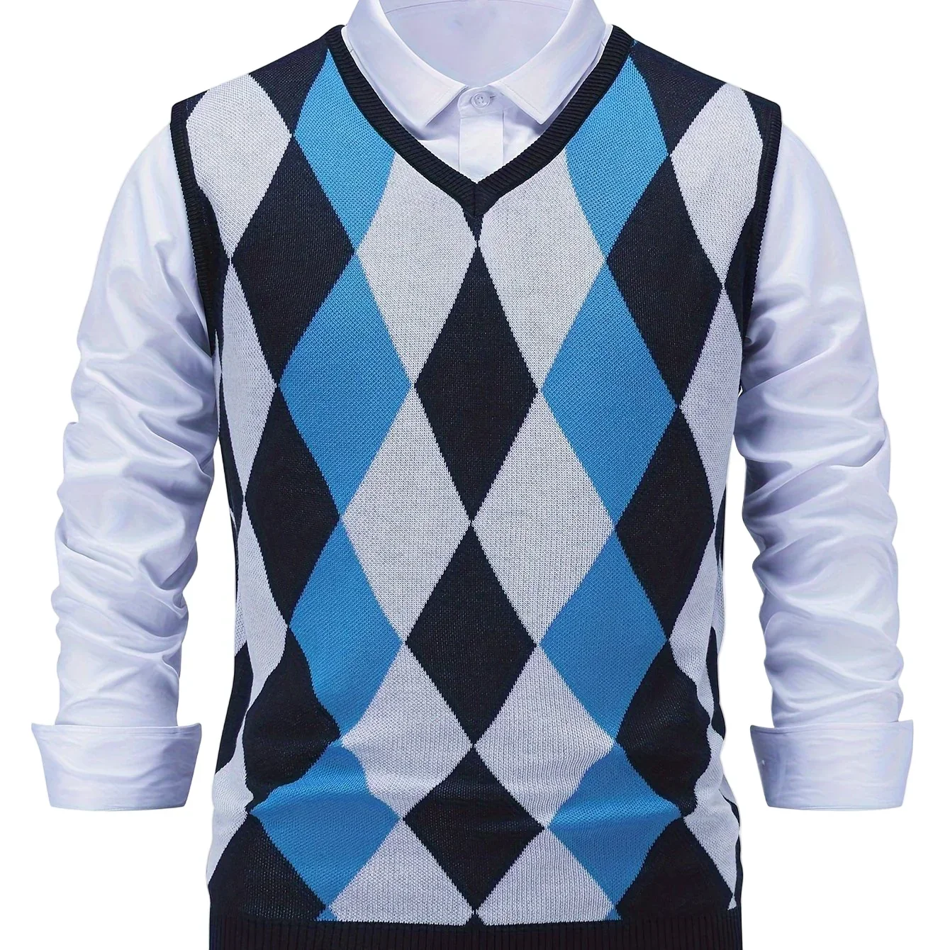 Heren pullover | Gebreide v-hals trui zonder mouwen met ruitpatroon - Image 17