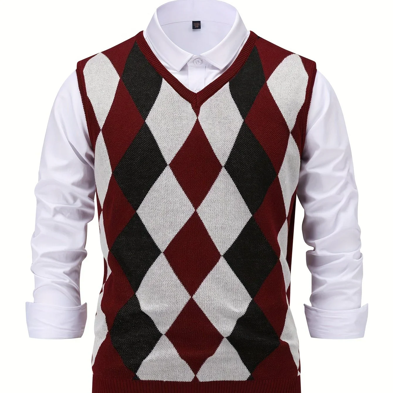 Heren pullover | Gebreide v-hals trui zonder mouwen met ruitpatroon - Image 18