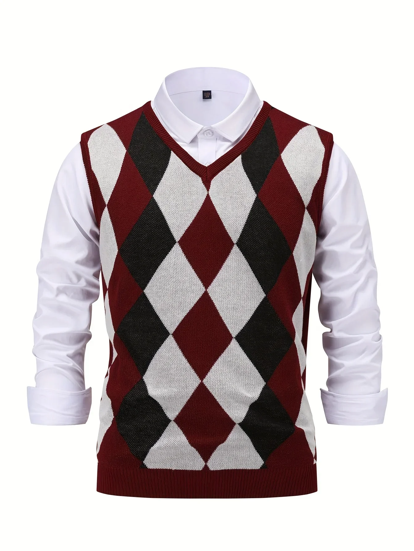 Heren pullover | Gebreide v-hals trui zonder mouwen met ruitpatroon - Image 2