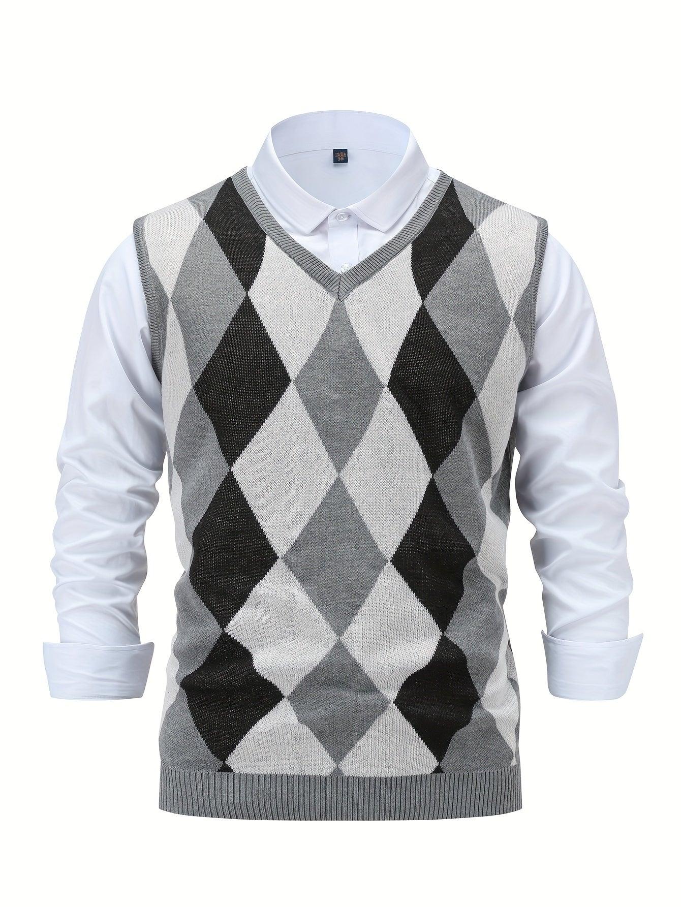 Heren pullover | Gebreide v-hals trui zonder mouwen met ruitpatroon - Image 3