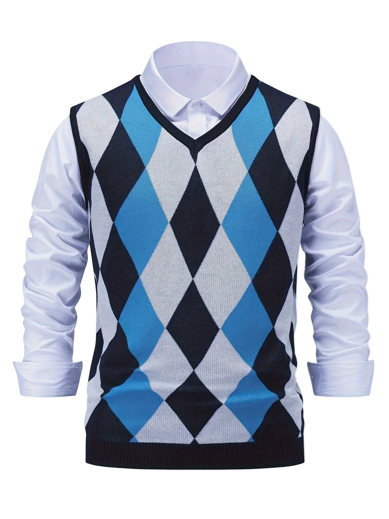 Heren pullover | Gebreide v-hals trui zonder mouwen met ruitpatroon - Image 4