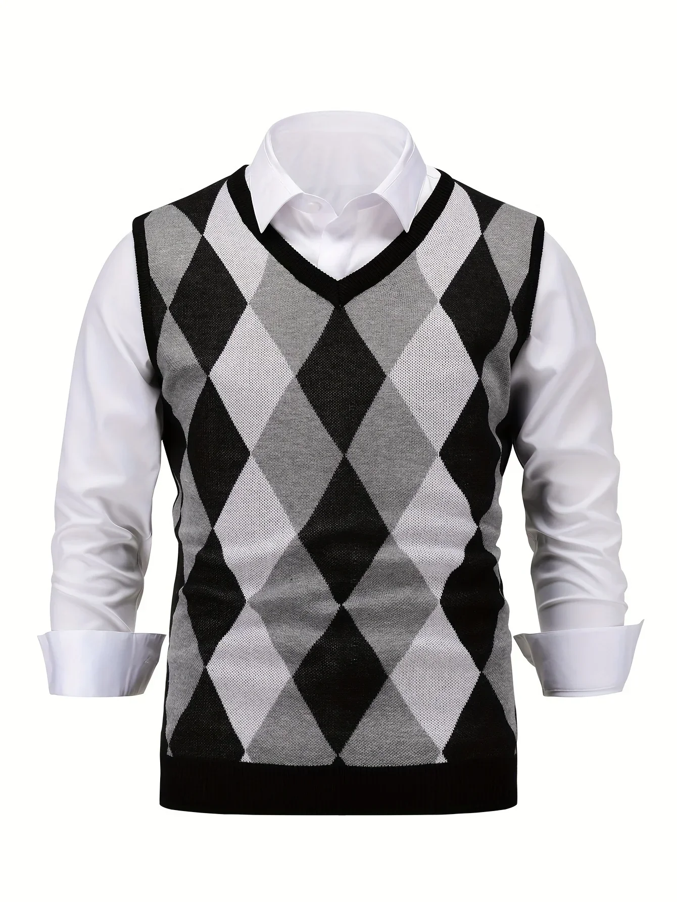Heren pullover | Gebreide v-hals trui zonder mouwen met ruitpatroon - Image 5