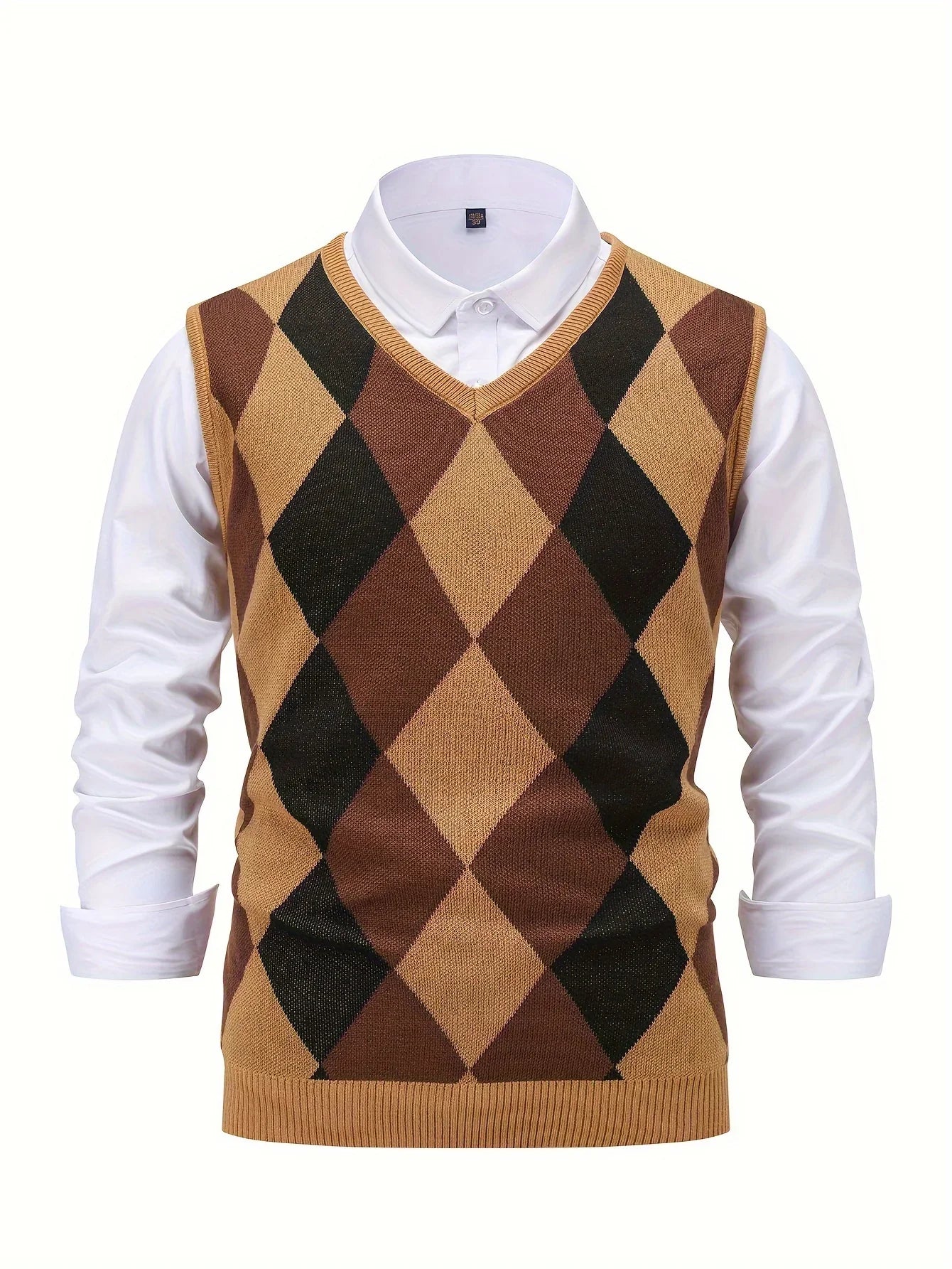 Heren pullover | Gebreide v-hals trui zonder mouwen met ruitpatroon - Image 6