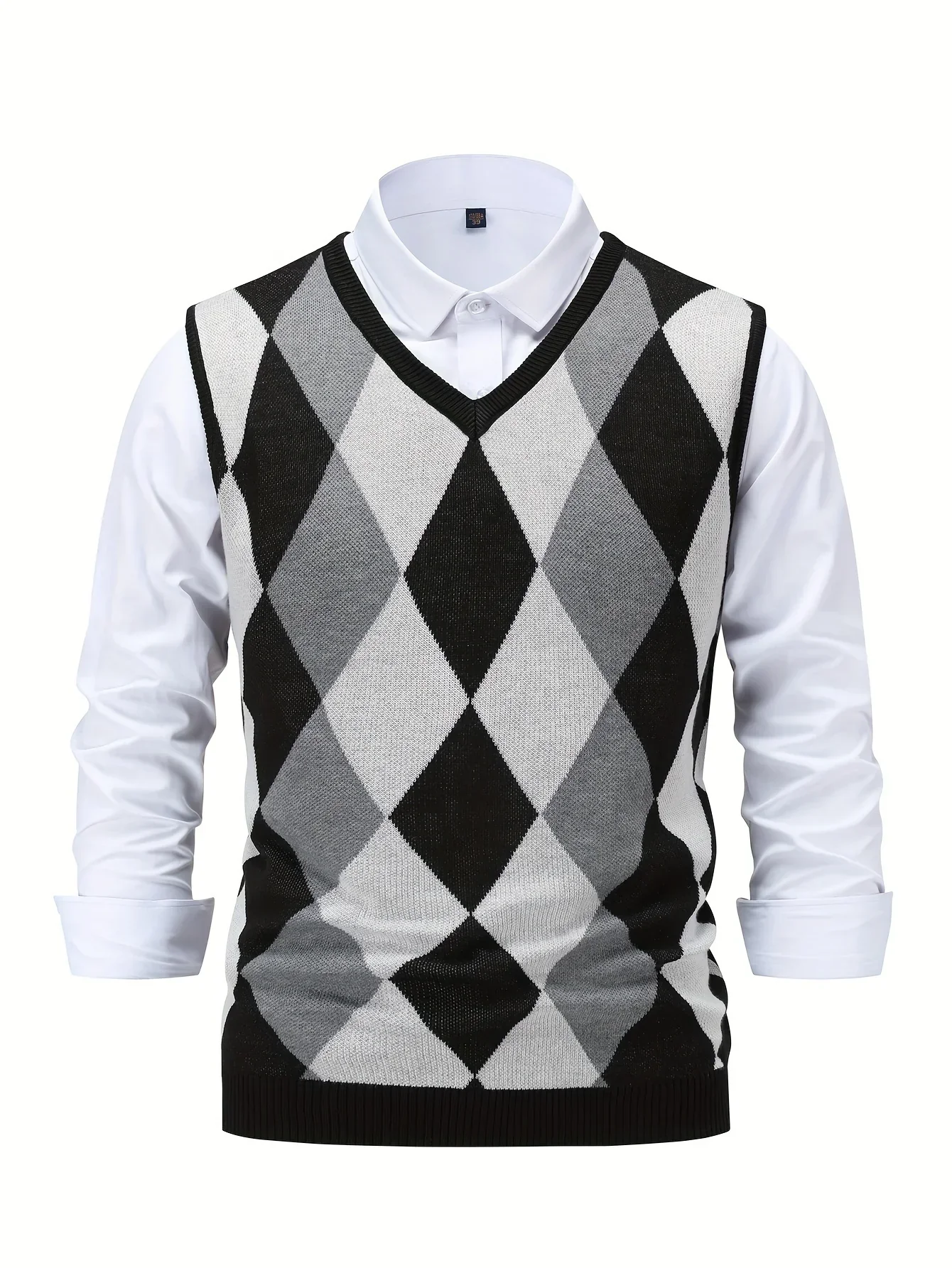 Heren pullover | Gebreide v-hals trui zonder mouwen met ruitpatroon - Image 7