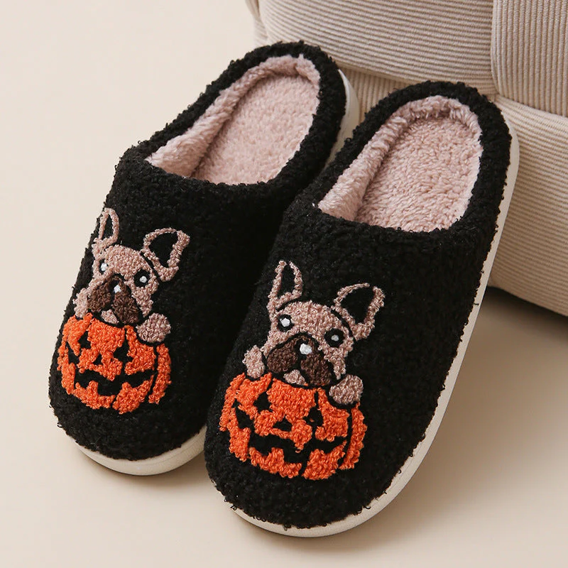Pumpkin Pup Pantoffels | Warme dames sloffen met hond en pompoenprint - Image 11