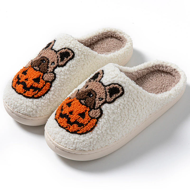 Pumpkin Pup Pantoffels | Warme dames sloffen met hond en pompoenprint - Image 13