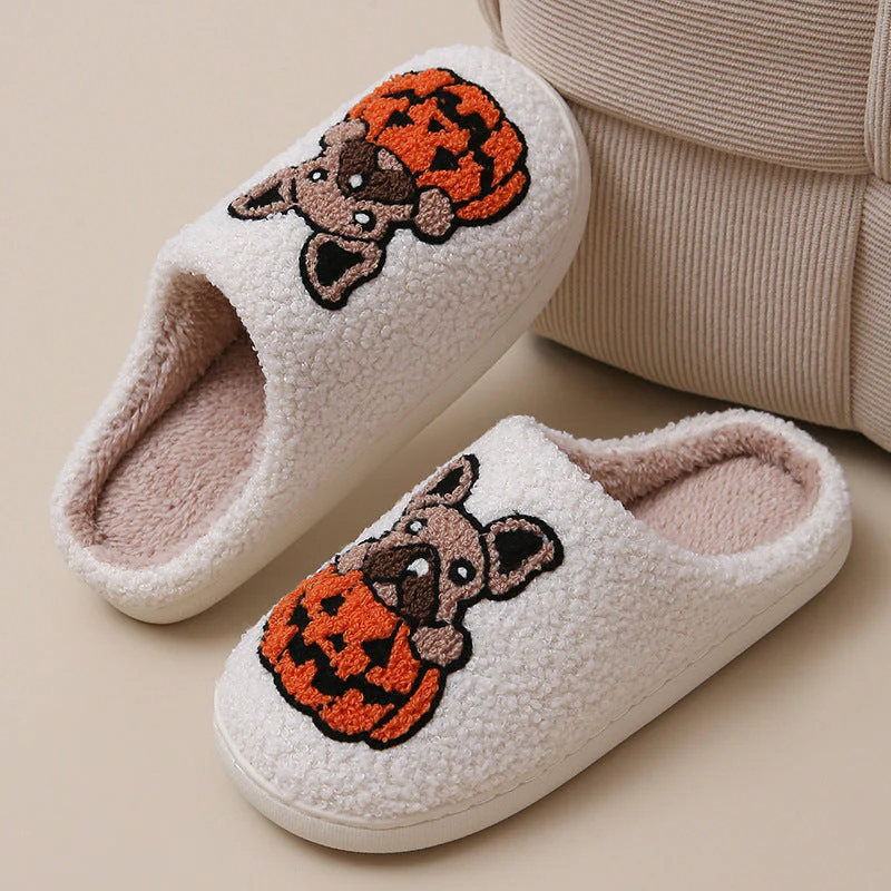 Pumpkin Pup Pantoffels | Warme dames sloffen met hond en pompoenprint - Image 3