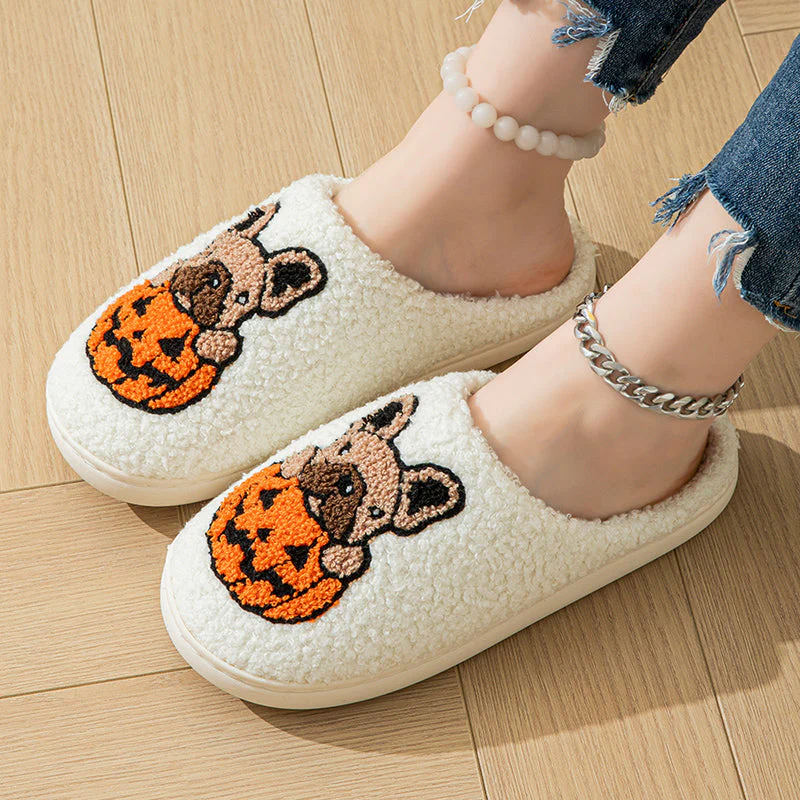 Pumpkin Pup Pantoffels | Warme dames sloffen met hond en pompoenprint - Image 4