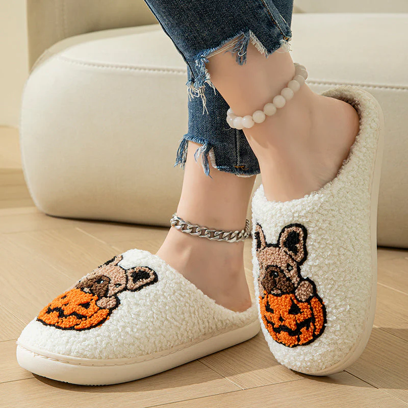 Pumpkin Pup Pantoffels | Warme dames sloffen met hond en pompoenprint - Image 5