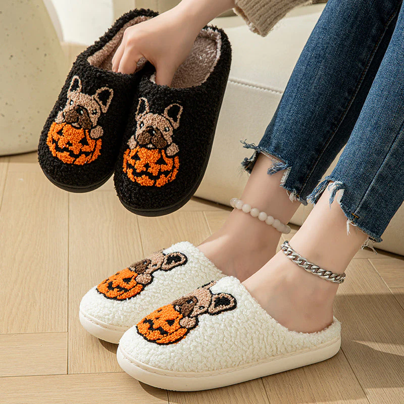 Pumpkin Pup Pantoffels | Warme dames sloffen met hond en pompoenprint - Image 9